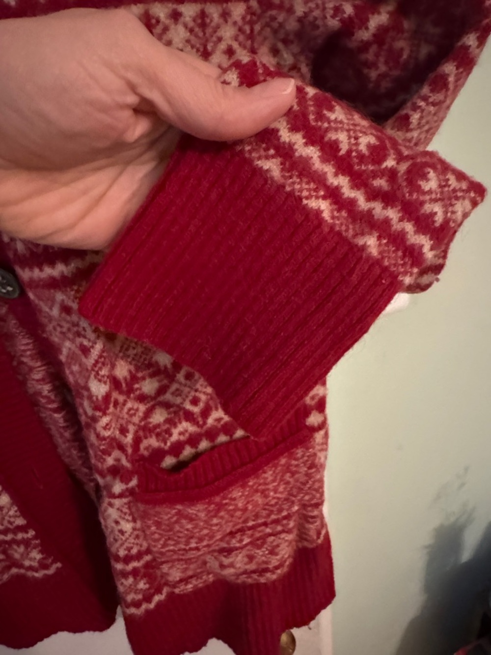 Eddie Bauer Red and Cream Fair Isle Button-Front Cardigan - Picture 7 of 8